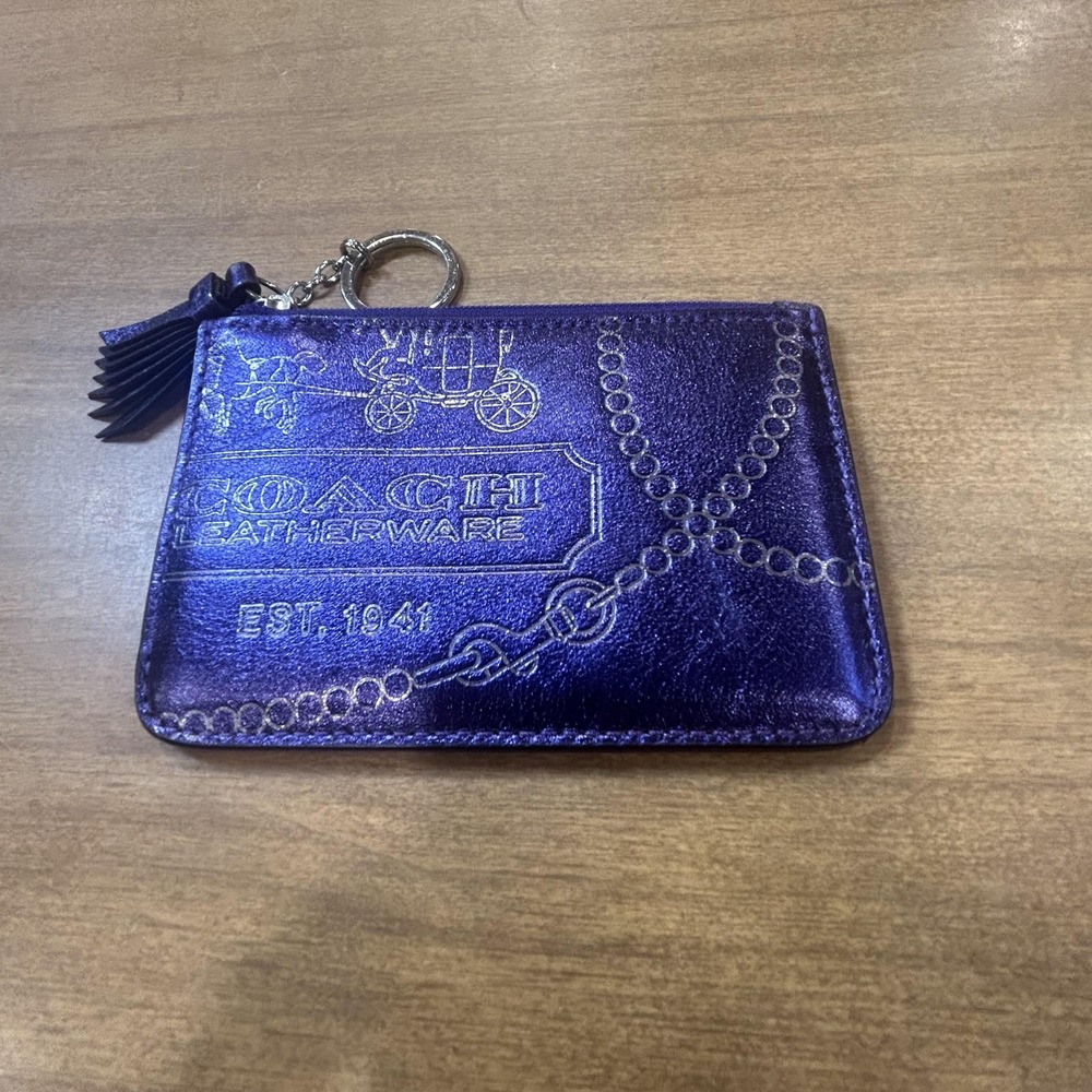 Coach Pouch Wallet Womens One Size Purple Leather Zip Around Tassel Keychain